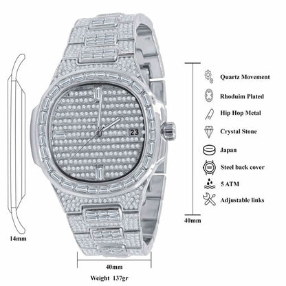 Men's 5 ATM Water Resistant Solid Steel Back Baguette/Round Cut Simulated Diamond 18K White Gold Finish Watch 40mm W/Date Function