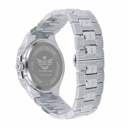 Men's 5 ATM Water Resistant Solid Steel Back Baguette/Round Cut Simulated Diamond 18K White Gold Finish Watch 40mm W/Date Function