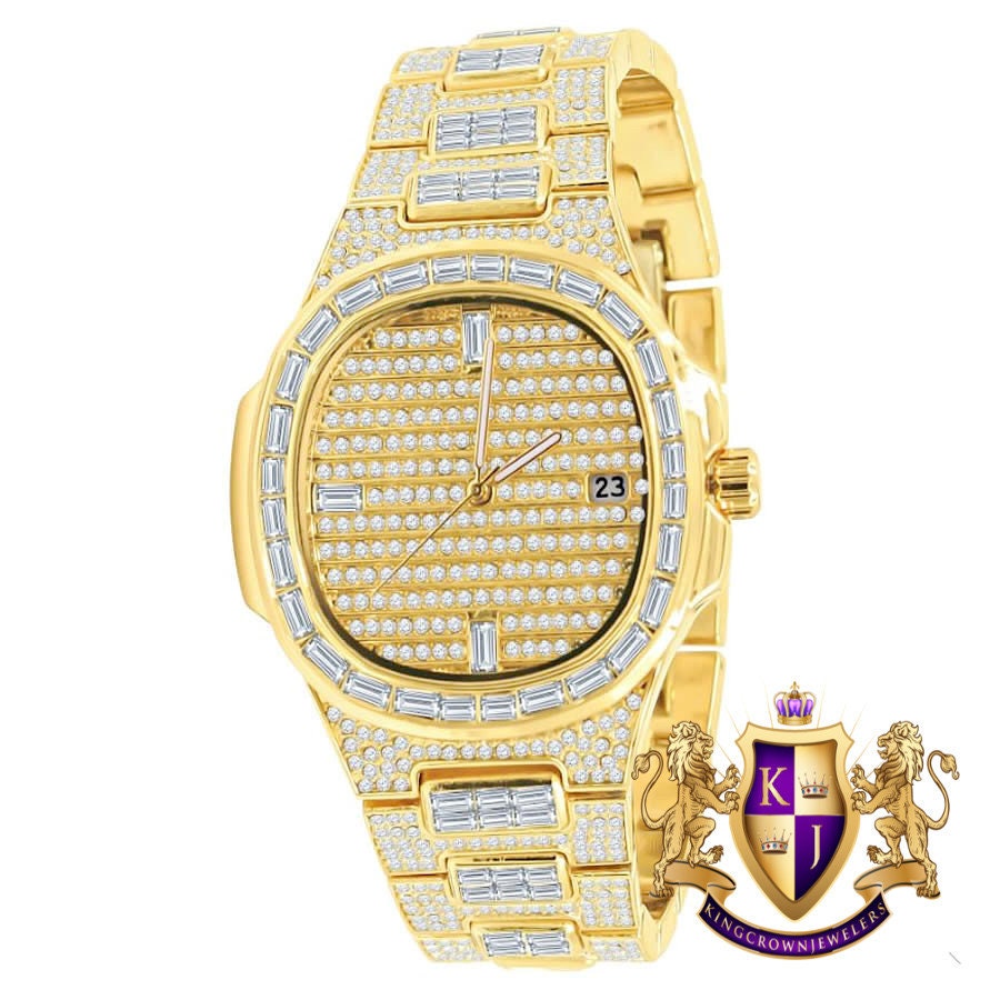 Men's 5 ATM Water Resistant Solid Steel Back Baguette/Round Cut Simulated Diamond 18K Yellow Gold Finish Watch 40mm W/Date Function