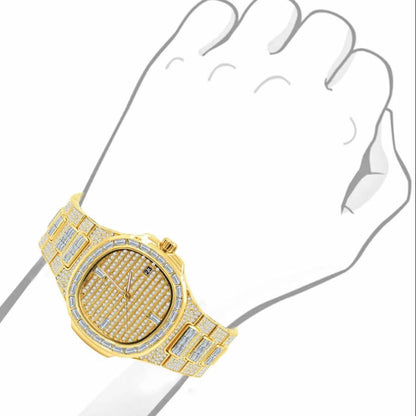 Men's 5 ATM Water Resistant Solid Steel Back Baguette/Round Cut Simulated Diamond 18K Yellow Gold Finish Watch 40mm W/Date Function