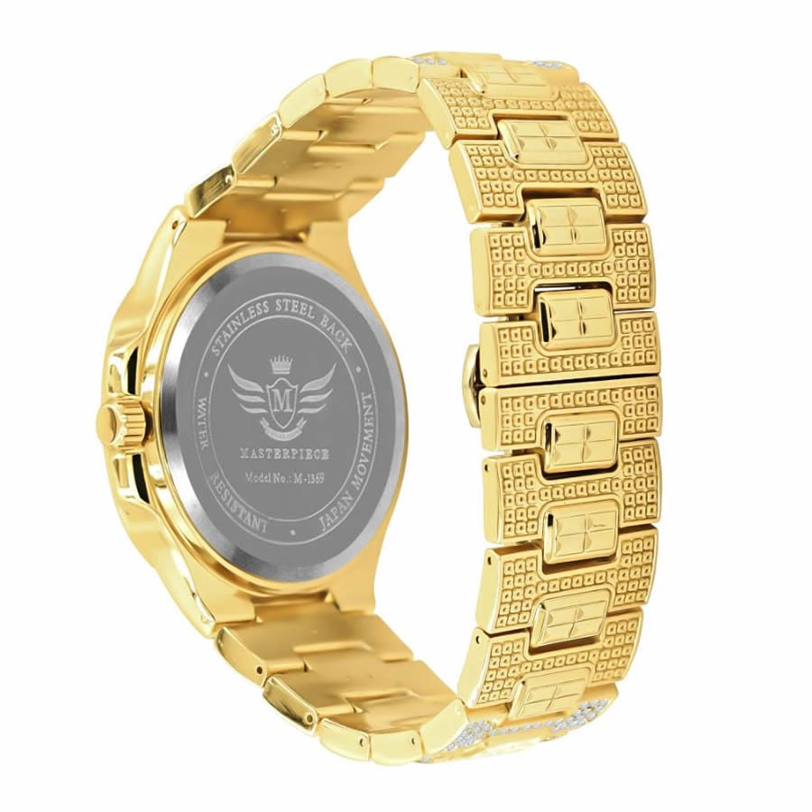 Men's 5 ATM Water Resistant Solid Steel Back Baguette/Round Cut Simulated Diamond 18K Yellow Gold Finish Watch 40mm W/Date Function