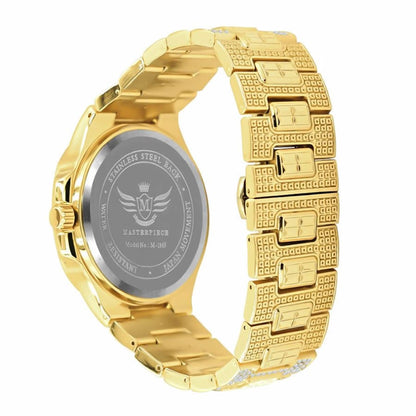Men's 5 ATM Water Resistant Solid Steel Back Baguette/Round Cut Simulated Diamond 18K Yellow Gold Finish Watch 40mm W/Date Function