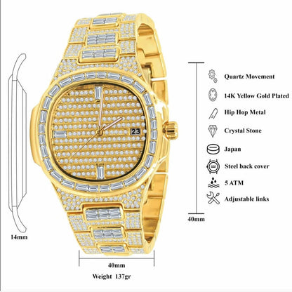 Men's 5 ATM Water Resistant Solid Steel Back Baguette/Round Cut Simulated Diamond 18K Yellow Gold Finish Watch 40mm W/Date Function