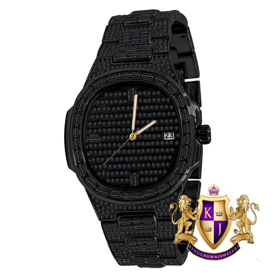 Men's 5 ATM Water Resistant Solid Steel Back Baguette/Round Cut Simulated Diamond 18K Black Gold Finish Watch 40mm W/Date Function