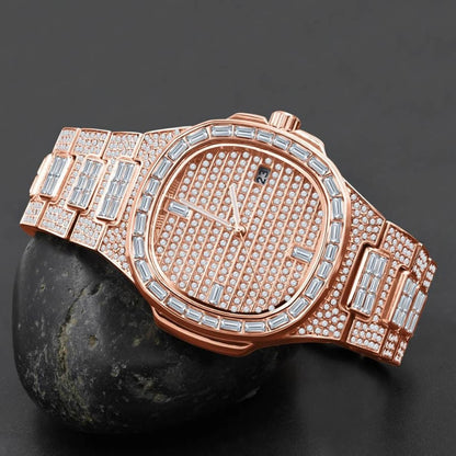 Men's 5 ATM Water Resistant Solid Steel Back Baguette/Round Cut Simulated Diamond 18K Rose Gold Finish Watch 40mm W/Date Function