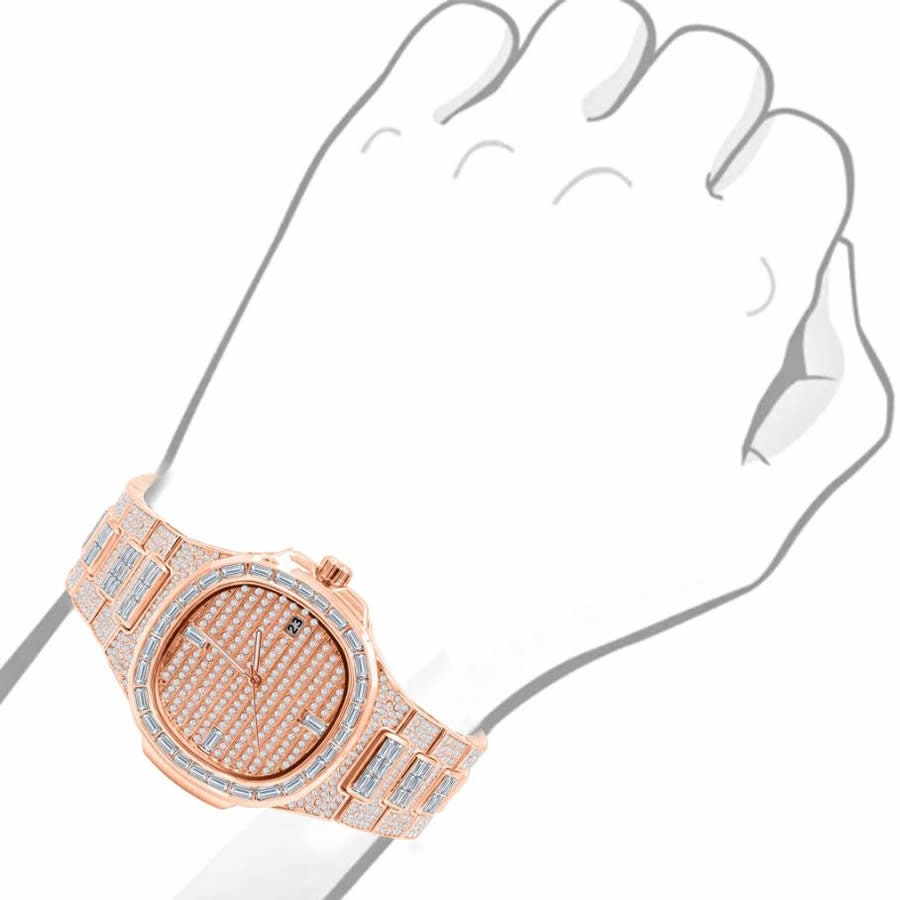 Men's 5 ATM Water Resistant Solid Steel Back Baguette/Round Cut Simulated Diamond 18K Rose Gold Finish Watch 40mm W/Date Function