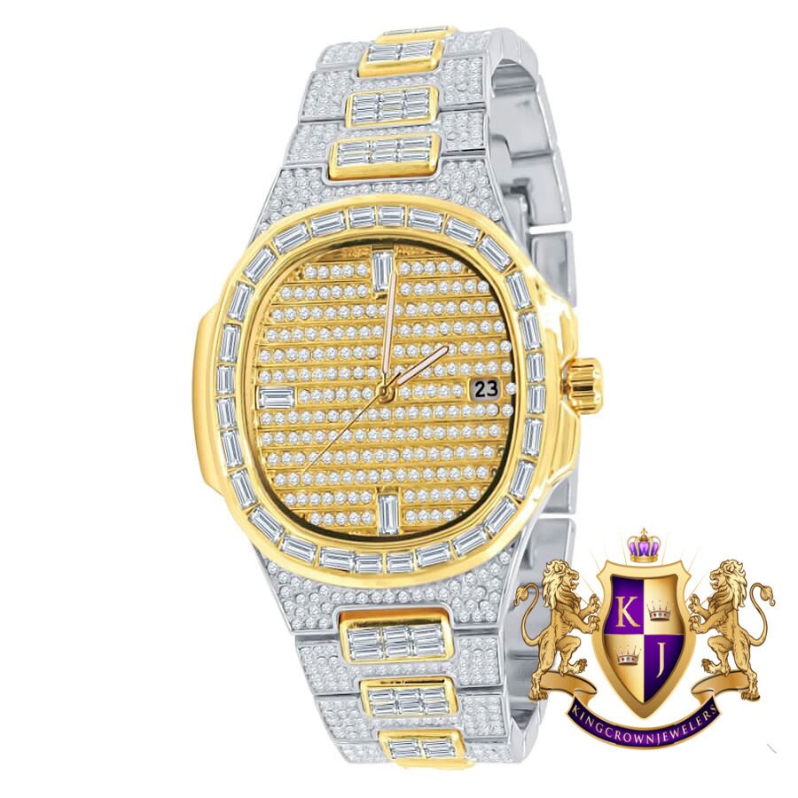 Men's 5 ATM Water Resistant Solid Steel Back Baguette/Round Cut Simulated Diamond 18K 2 Tone Gold Finish Watch 40mm W/Date Function