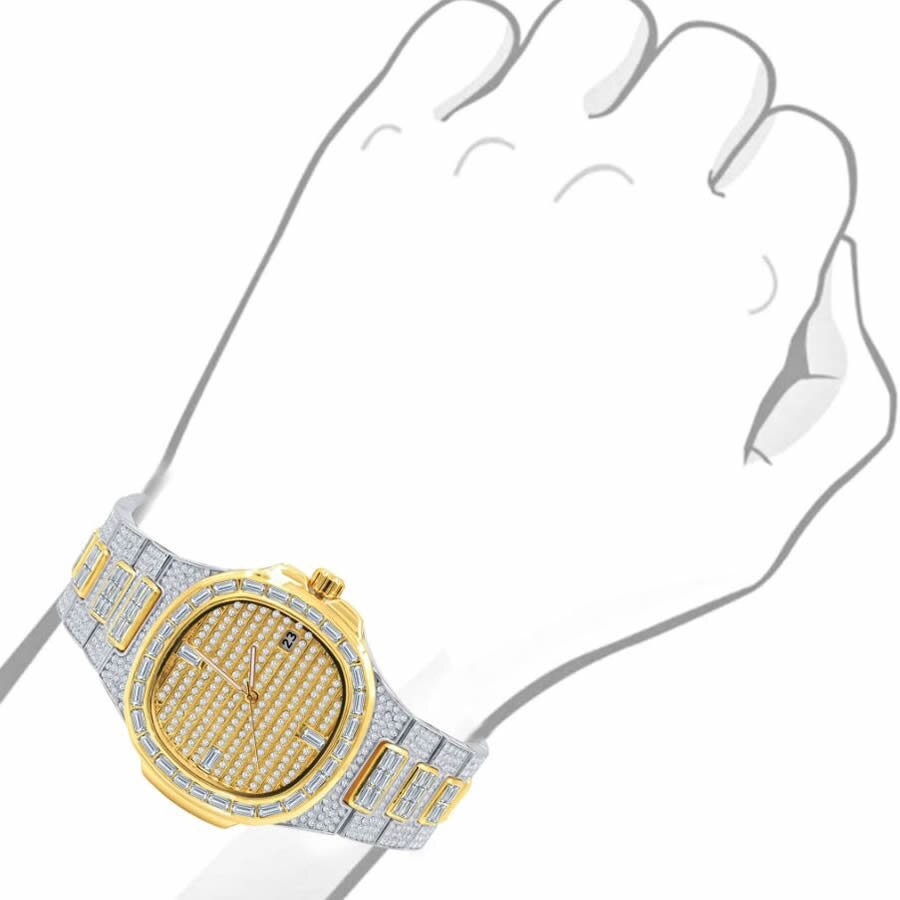 Men's 5 ATM Water Resistant Solid Steel Back Baguette/Round Cut Simulated Diamond 18K 2 Tone Gold Finish Watch 40mm W/Date Function
