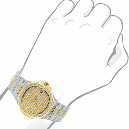 Men's 5 ATM Water Resistant Solid Steel Back Baguette/Round Cut Simulated Diamond 18K 2 Tone Gold Finish Watch 40mm W/Date Function