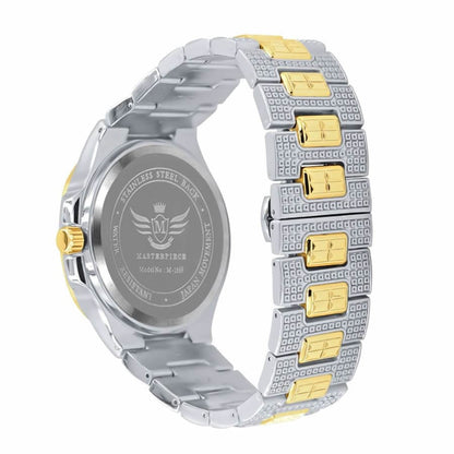 Men's 5 ATM Water Resistant Solid Steel Back Baguette/Round Cut Simulated Diamond 18K 2 Tone Gold Finish Watch 40mm W/Date Function
