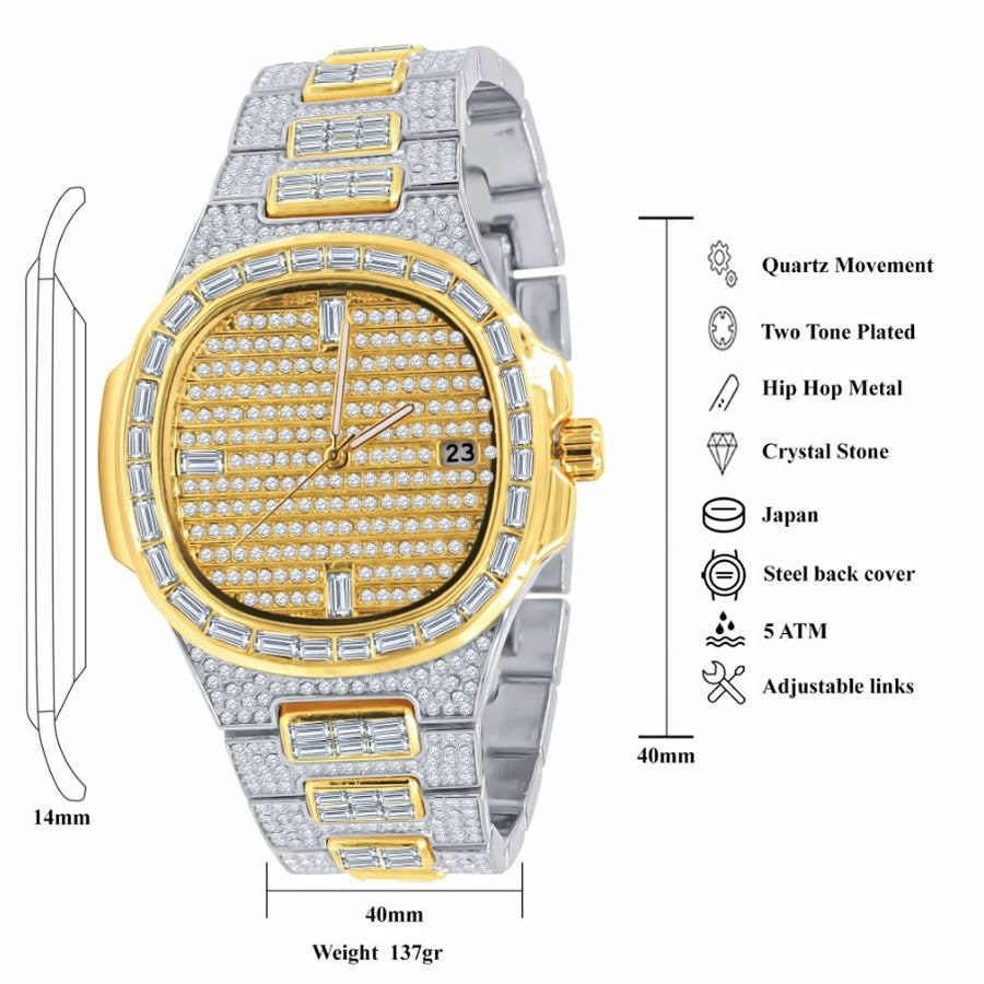Men's 5 ATM Water Resistant Solid Steel Back Baguette/Round Cut Simulated Diamond 18K 2 Tone Gold Finish Watch 40mm W/Date Function