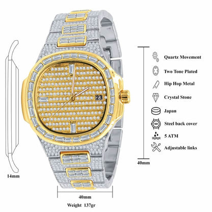 Men's 5 ATM Water Resistant Solid Steel Back Baguette/Round Cut Simulated Diamond 18K 2 Tone Gold Finish Watch 40mm W/Date Function