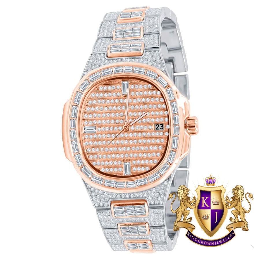 Men's 5 ATM Water Resistant Solid Steel Back Baguette/Round Cut Simulated Diamond 18K 2 Tone Rose Gold Finish Watch 40mm W/Date Function