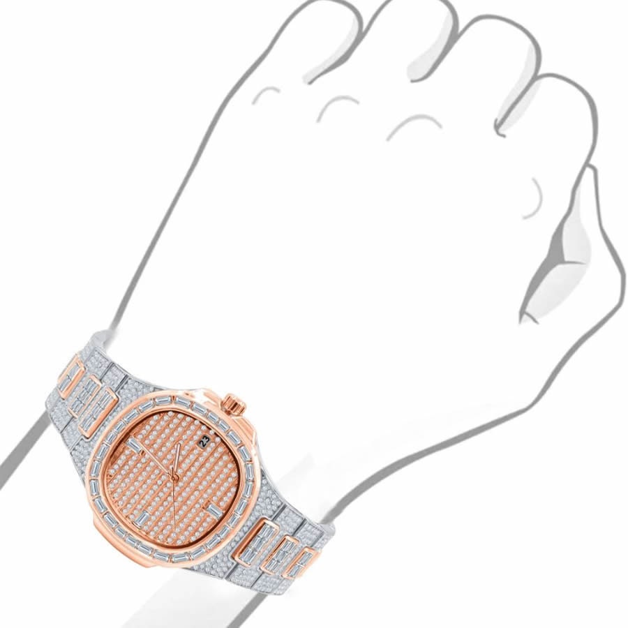 Men's 5 ATM Water Resistant Solid Steel Back Baguette/Round Cut Simulated Diamond 18K 2 Tone Rose Gold Finish Watch 40mm W/Date Function