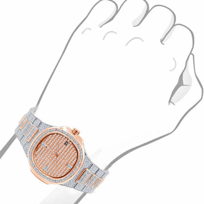 Men's 5 ATM Water Resistant Solid Steel Back Baguette/Round Cut Simulated Diamond 18K 2 Tone Rose Gold Finish Watch 40mm W/Date Function