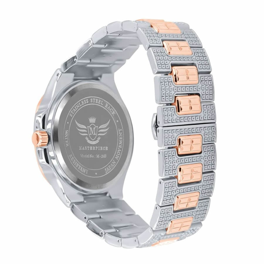 Men's 5 ATM Water Resistant Solid Steel Back Baguette/Round Cut Simulated Diamond 18K 2 Tone Rose Gold Finish Watch 40mm W/Date Function