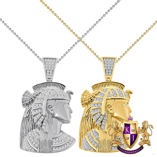 Real Sterling Silver 16+ Grams 1.25 Cwt. Simulated Diamond Egyptian Queen Nefertiti Pharaoh Mummy Charm 14k Gold On Pendant Chain Set 1.75''