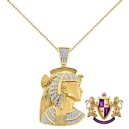 Real Sterling Silver 16+ Grams 1.25 Cwt. Simulated Diamond Egyptian Queen Nefertiti Pharaoh Mummy Charm 14k Gold On Pendant Chain Set 1.75''