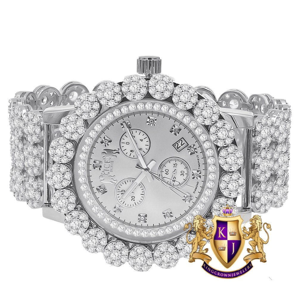 Men's 18K White Gold Finish Simulated Diamond 5 ATM Water Resistant Custom Flower Bezel Watch Iced Tray Band Analog Big 52mm Date Function