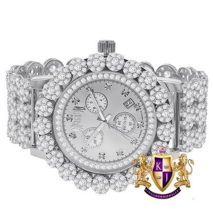 Men's 18K White Gold Finish Simulated Diamond 5 ATM Water Resistant Custom Flower Bezel Watch Iced Tray Band Analog Big 52mm Date Function