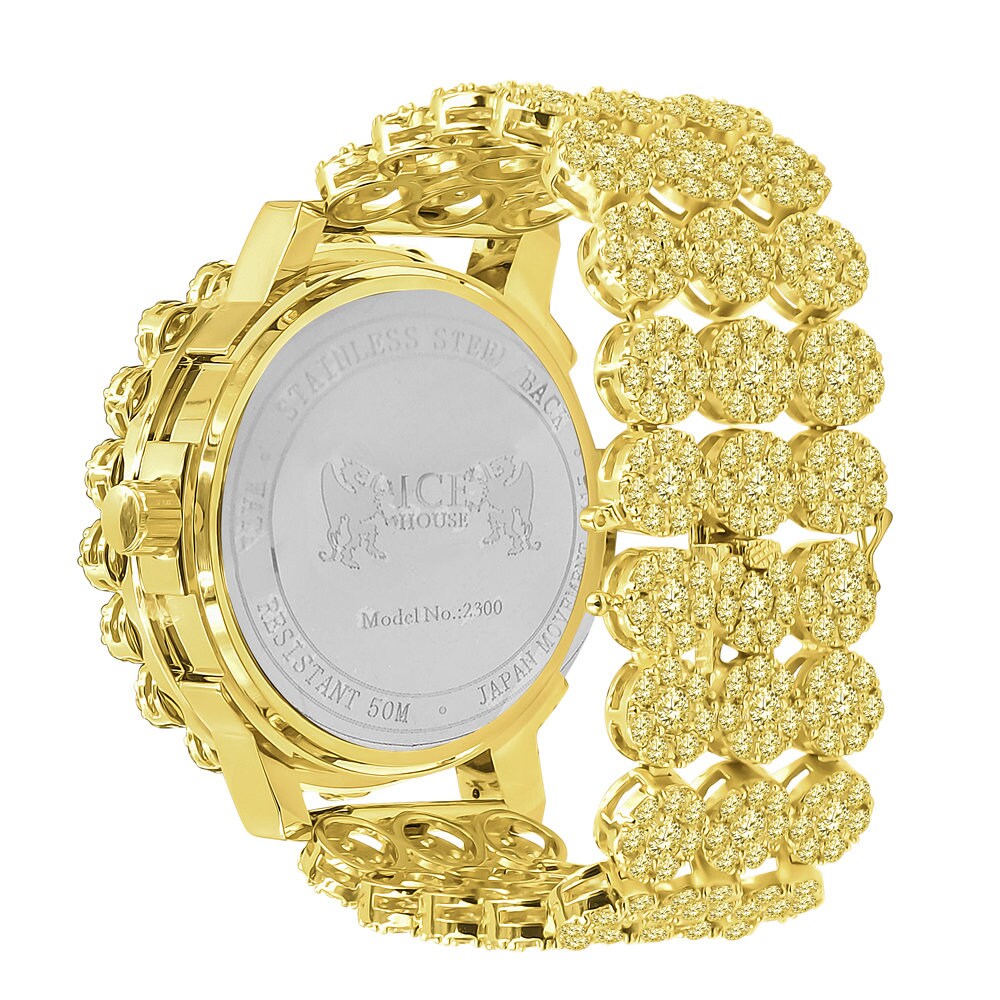 Canary Yellow Men's 18K Gold Finish Simulated Diamond 5 ATM Water Resistant Custom Flower Bezel Watch Iced Analog Big 52mm Date Function