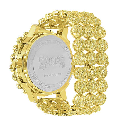 Canary Yellow Men's 18K Gold Finish Simulated Diamond 5 ATM Water Resistant Custom Flower Bezel Watch Iced Analog Big 52mm Date Function