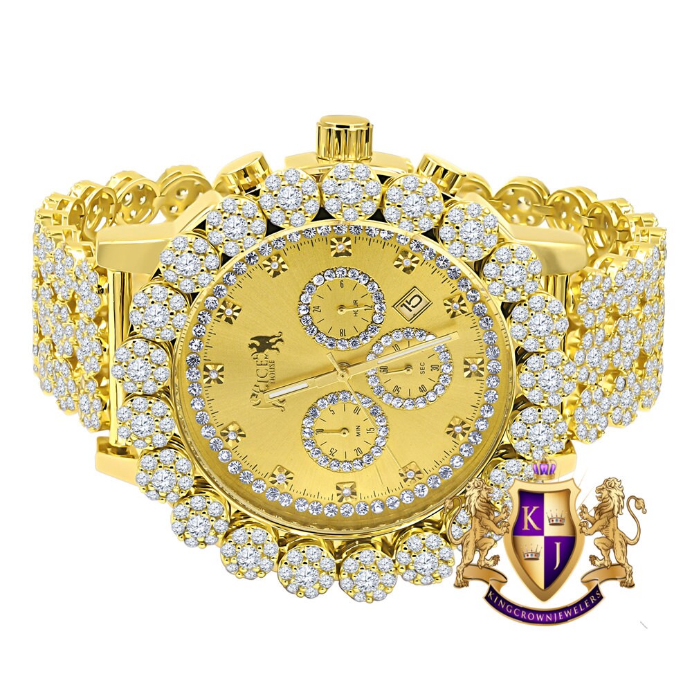Men's 18K Yellow Gold Finish Simulated Diamond 5 ATM Water Resistant Solid Steel Back Flower Custom Band Bezel Watch XL 55mm W/Date Function