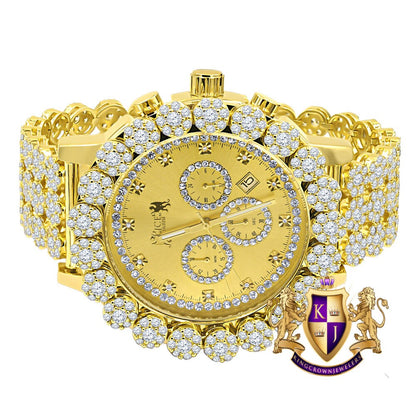 Men's 18K Yellow Gold Finish Simulated Diamond 5 ATM Water Resistant Solid Steel Back Flower Custom Band Bezel Watch XL 55mm W/Date Function