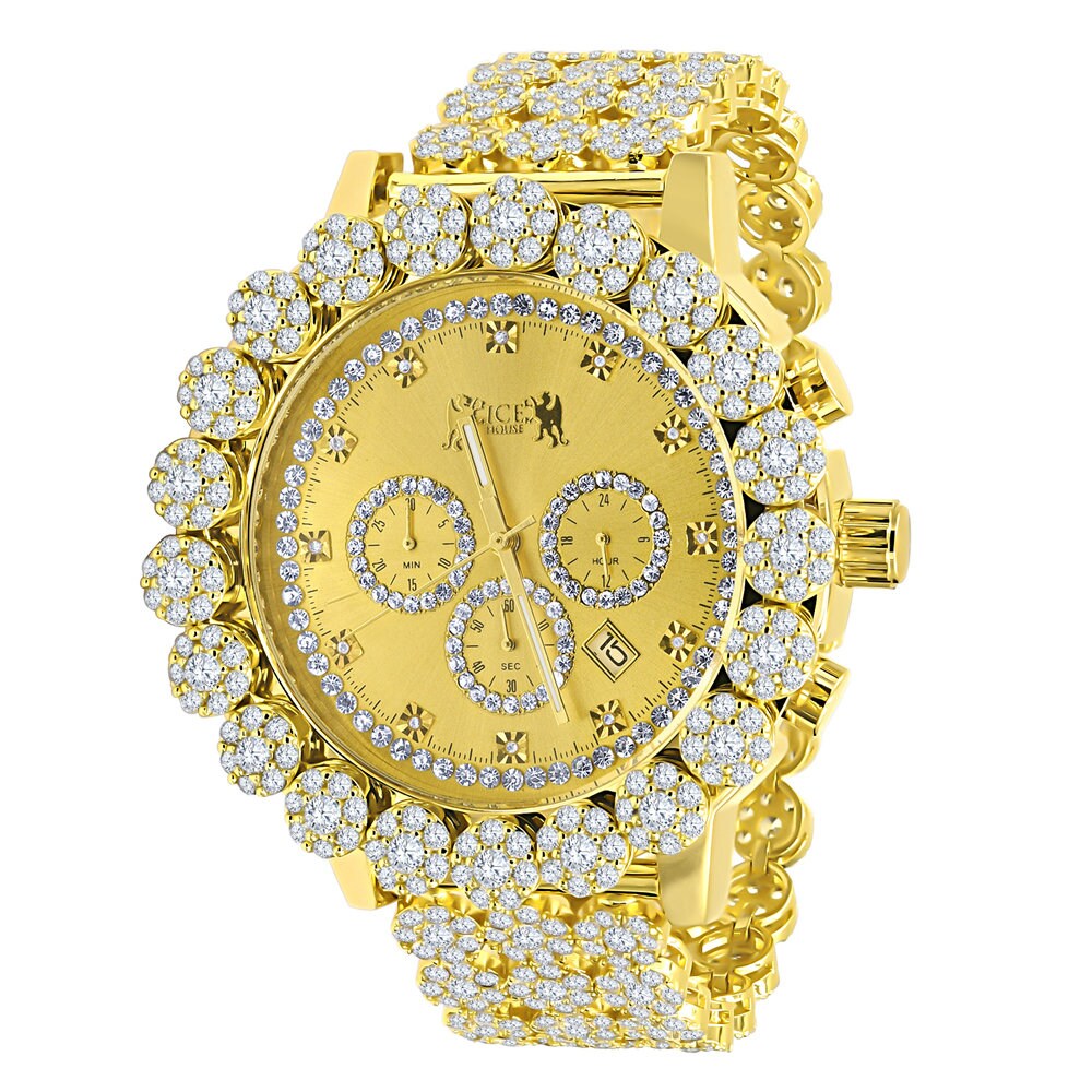Men's 18K Yellow Gold Finish Simulated Diamond 5 ATM Water Resistant Solid Steel Back Flower Custom Band Bezel Watch XL 55mm W/Date Function