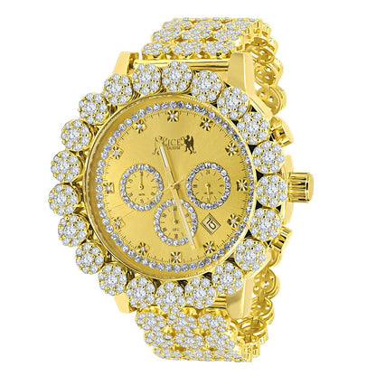 Men's 18K Yellow Gold Finish Simulated Diamond 5 ATM Water Resistant Solid Steel Back Flower Custom Band Bezel Watch XL 55mm W/Date Function