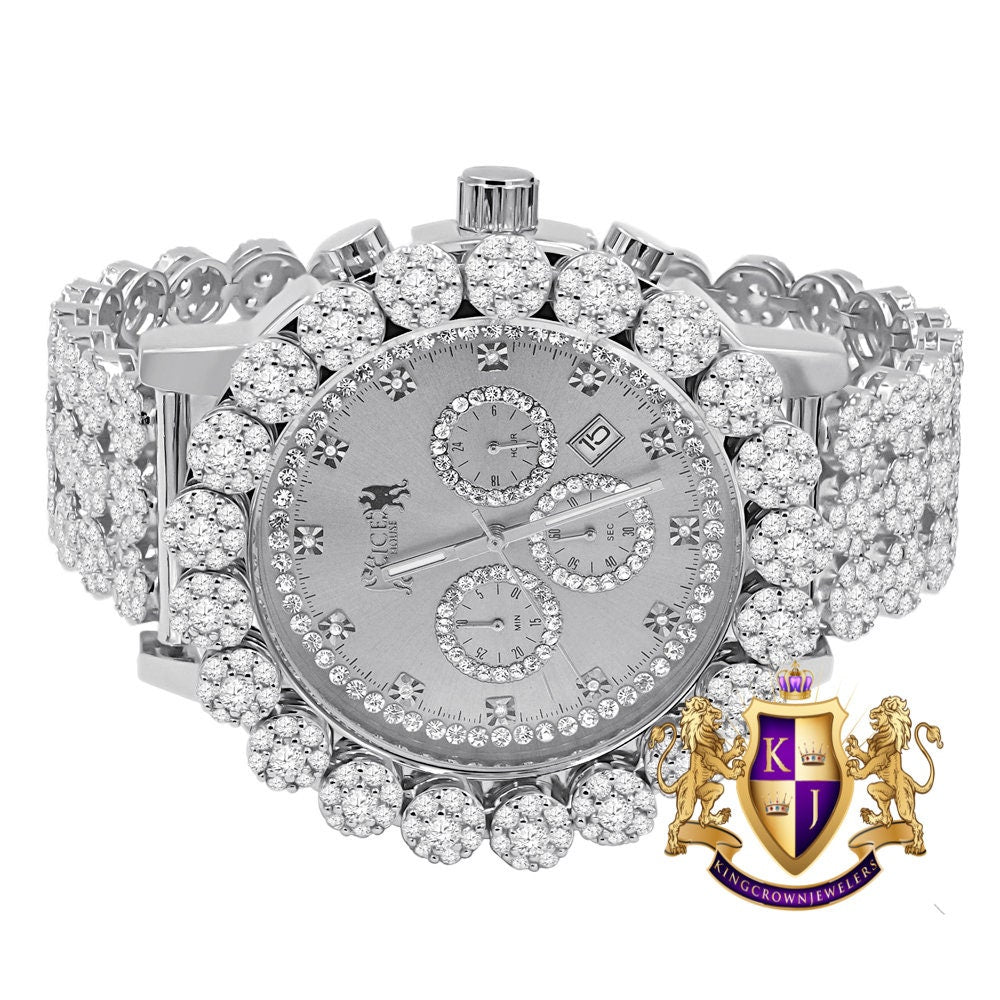 Men's 18K White Gold Finish Simulated Diamond 5 ATM Water Resistant Solid Steel Back Flower Custom Band Bezel Watch XL 55mm W/Date Function