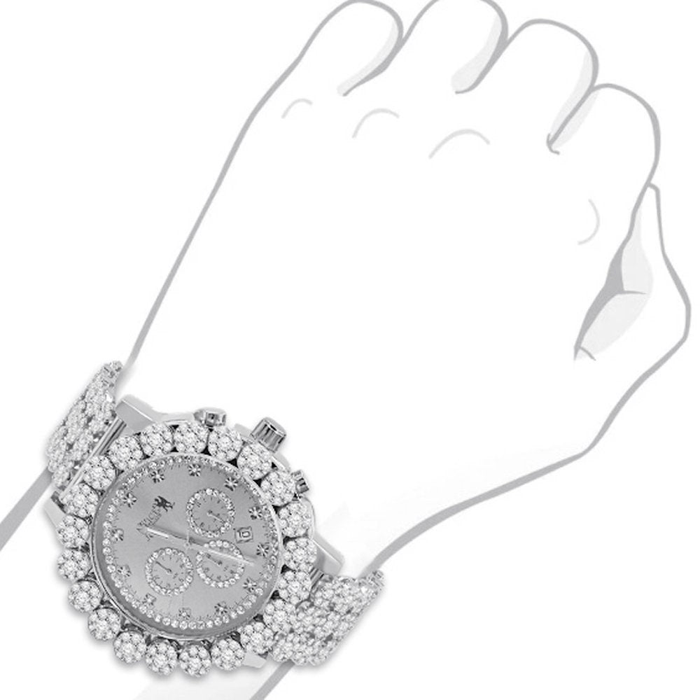 Men's 18K White Gold Finish Simulated Diamond 5 ATM Water Resistant Solid Steel Back Flower Custom Band Bezel Watch XL 55mm W/Date Function