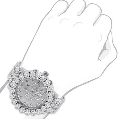 Men's 18K White Gold Finish Simulated Diamond 5 ATM Water Resistant Solid Steel Back Flower Custom Band Bezel Watch XL 55mm W/Date Function