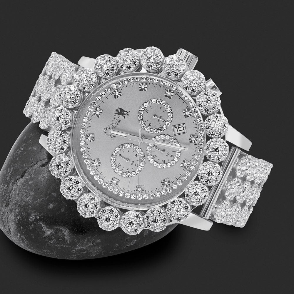 Men's 18K White Gold Finish Simulated Diamond 5 ATM Water Resistant Solid Steel Back Flower Custom Band Bezel Watch XL 55mm W/Date Function