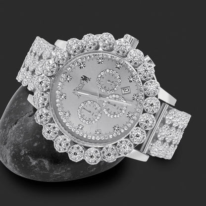 Men's 18K White Gold Finish Simulated Diamond 5 ATM Water Resistant Solid Steel Back Flower Custom Band Bezel Watch XL 55mm W/Date Function