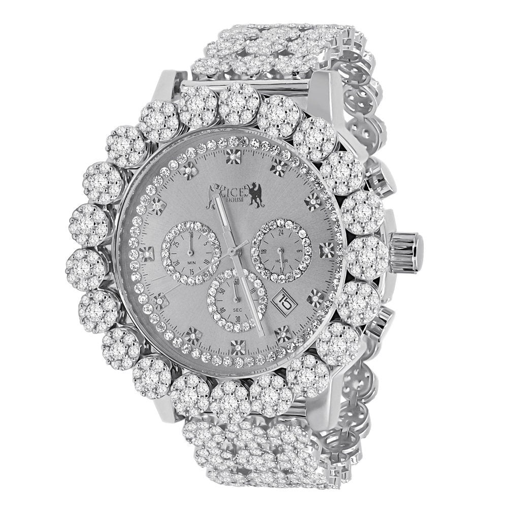 Men's 18K White Gold Finish Simulated Diamond 5 ATM Water Resistant Solid Steel Back Flower Custom Band Bezel Watch XL 55mm W/Date Function