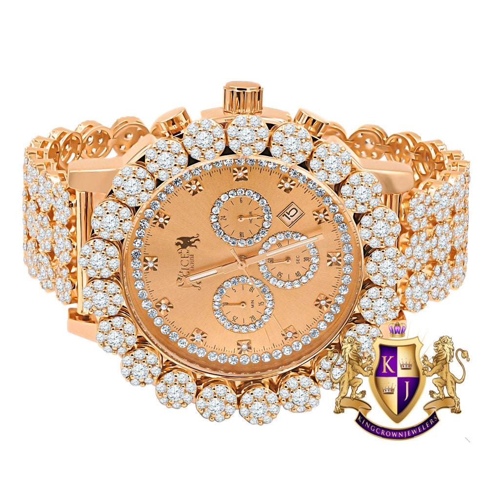 Men's 18K Rose Gold Finish Simulated Diamond 5 ATM Water Resistant Solid Steel Back Flower Custom Band Bezel Watch XL 55mm W/Date Function
