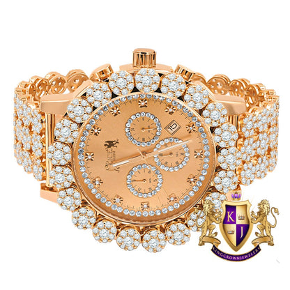 Men's 18K Rose Gold Finish Simulated Diamond 5 ATM Water Resistant Solid Steel Back Flower Custom Band Bezel Watch XL 55mm W/Date Function