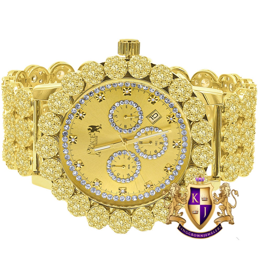 Men's 18K Gold Finish Canary Yellow Simulated Diamond 5 ATM Water Resistant Solid Steel Back Flower Band Bezel Watch XL 55mm W/Date Function