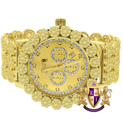 Men's 18K Gold Finish Canary Yellow Simulated Diamond 5 ATM Water Resistant Solid Steel Back Flower Band Bezel Watch XL 55mm W/Date Function