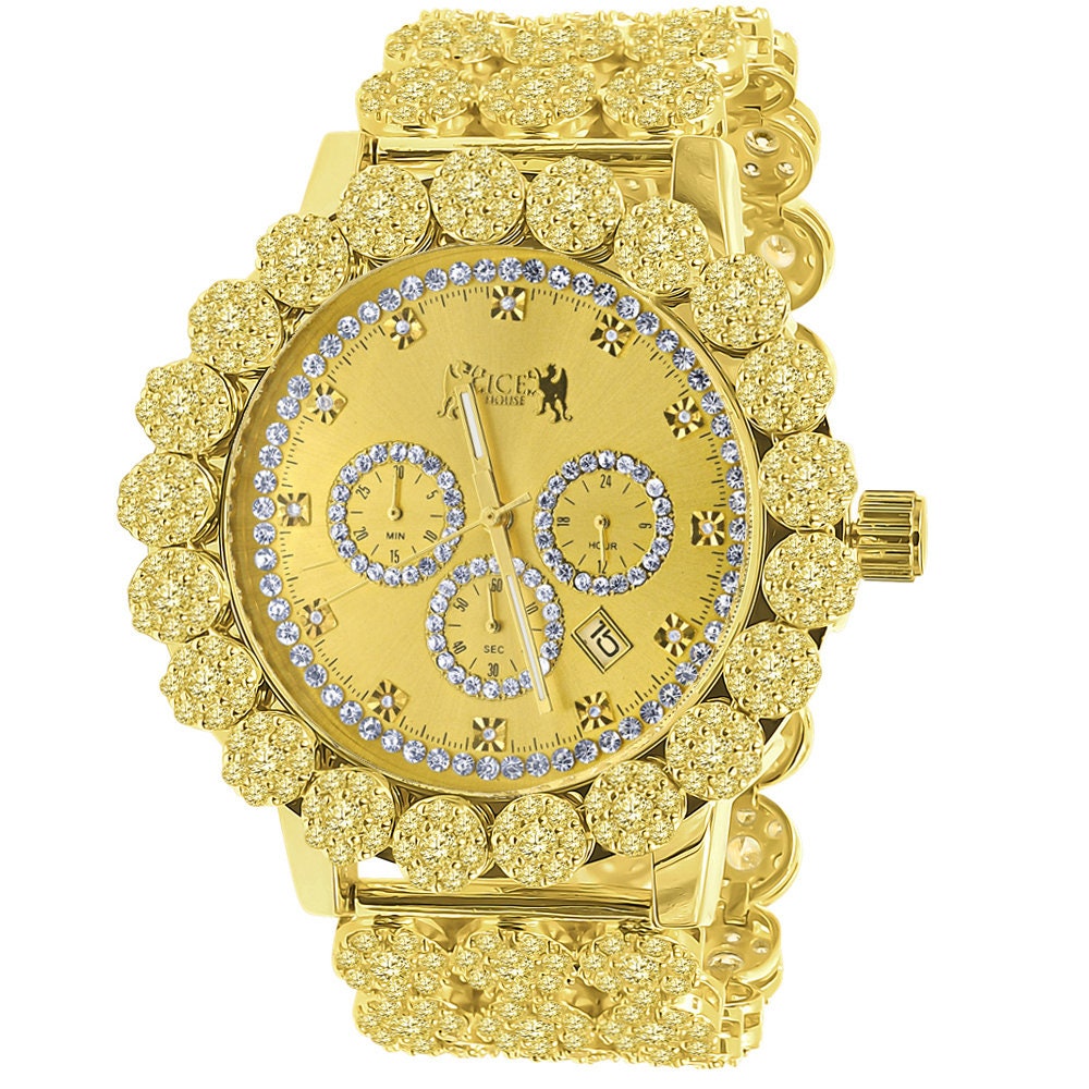 Men's 18K Gold Finish Canary Yellow Simulated Diamond 5 ATM Water Resistant Solid Steel Back Flower Band Bezel Watch XL 55mm W/Date Function