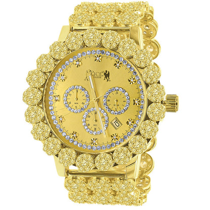 Men's 18K Gold Finish Canary Yellow Simulated Diamond 5 ATM Water Resistant Solid Steel Back Flower Band Bezel Watch XL 55mm W/Date Function