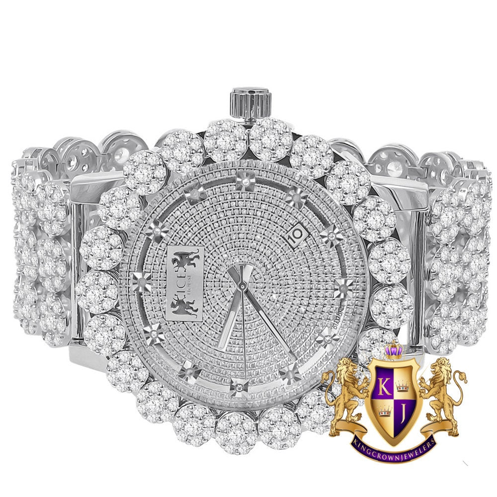18k White Gold Finish Simulated Diamond 5 ATM Water Resistant Solid Steel Back Flower Bezel Band Custom Men's Watch Analog Big 55mm W/Date