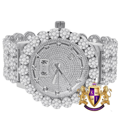 18k White Gold Finish Simulated Diamond 5 ATM Water Resistant Solid Steel Back Flower Bezel Band Custom Men's Watch Analog Big 55mm W/Date