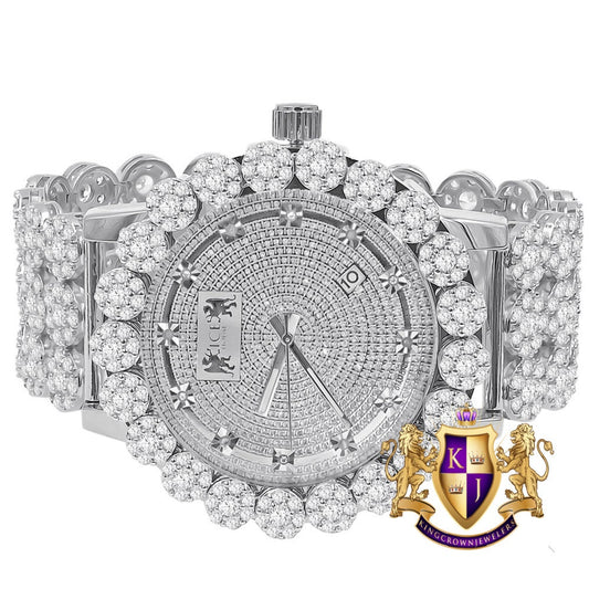 18k White Gold Finish Simulated Diamond 5 ATM Water Resistant Solid Steel Back Flower Bezel Band Custom Men's Watch Analog Big 55mm W/Date