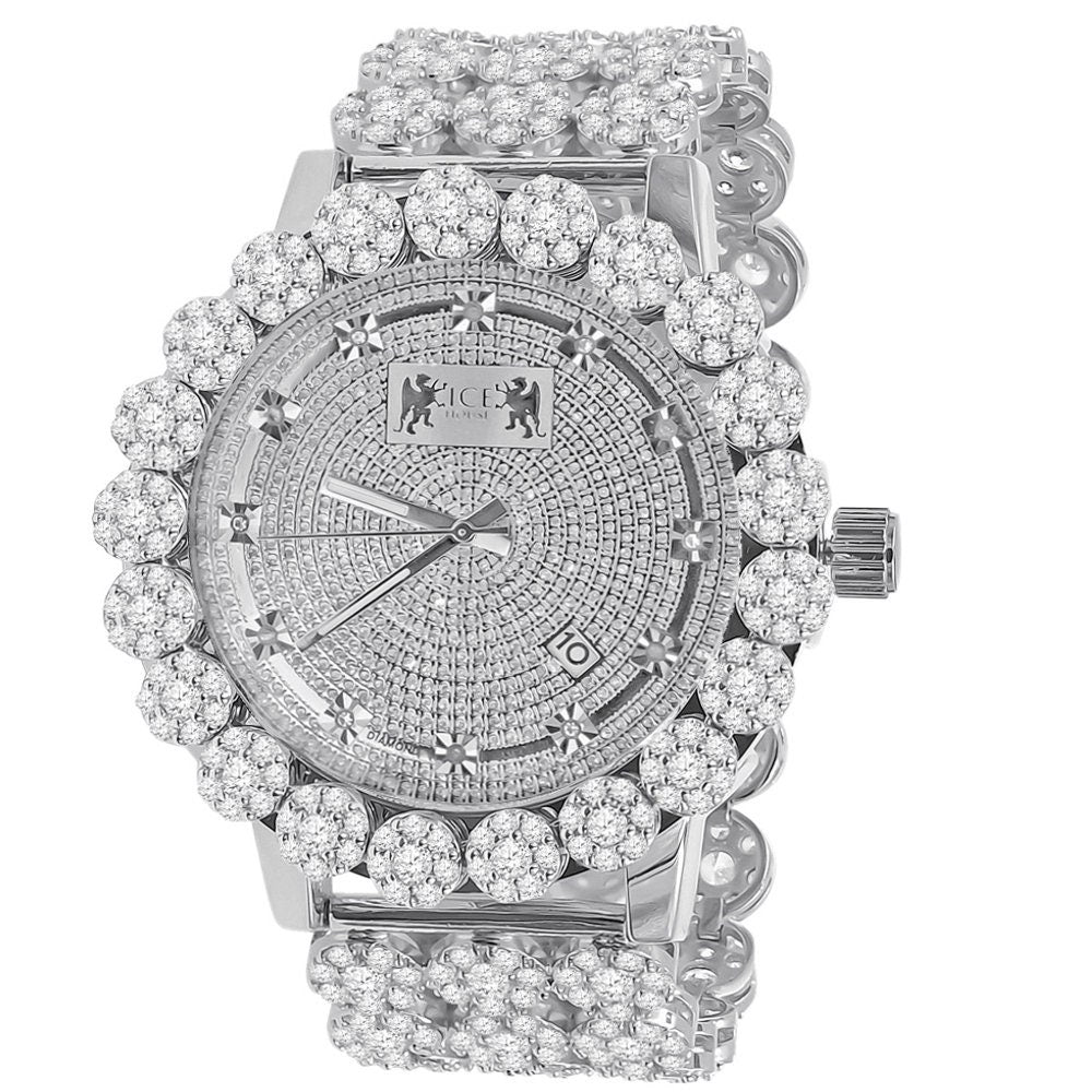 18k White Gold Finish Simulated Diamond 5 ATM Water Resistant Solid Steel Back Flower Bezel Band Custom Men's Watch Analog Big 55mm W/Date