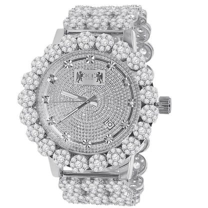 18k White Gold Finish Simulated Diamond 5 ATM Water Resistant Solid Steel Back Flower Bezel Band Custom Men's Watch Analog Big 55mm W/Date
