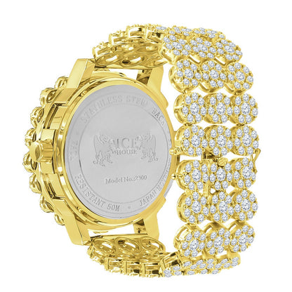 Roman Face 18k Yellow Gold Finish Simulated Diamond 5 ATM Water Resistant Solid Steel Back Flower Bezel Band Men's Watch Big 55mm W/Date