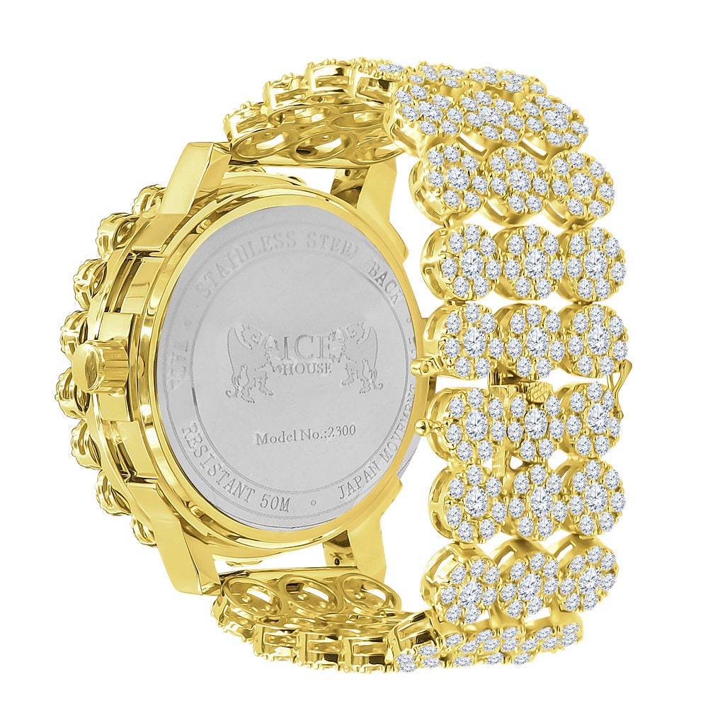 18k Yellow Gold Finish Simulated Diamond 5 ATM Water Resistant Solid Steel Back Flower Bezel Band Custom Men's Watch Analog Big 55mm W/Date