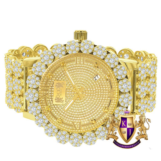 Roman Face 18k Yellow Gold Finish Simulated Diamond 5 ATM Water Resistant Solid Steel Back Flower Bezel Band Men's Watch Big 55mm W/Date
